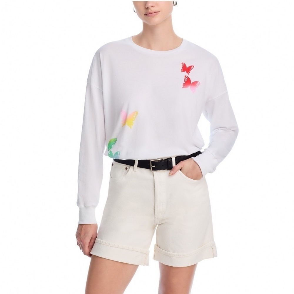 AQUA Athletic Emma Tee White Butterfly Graphic Long Sleeve Shirt Medium NEW